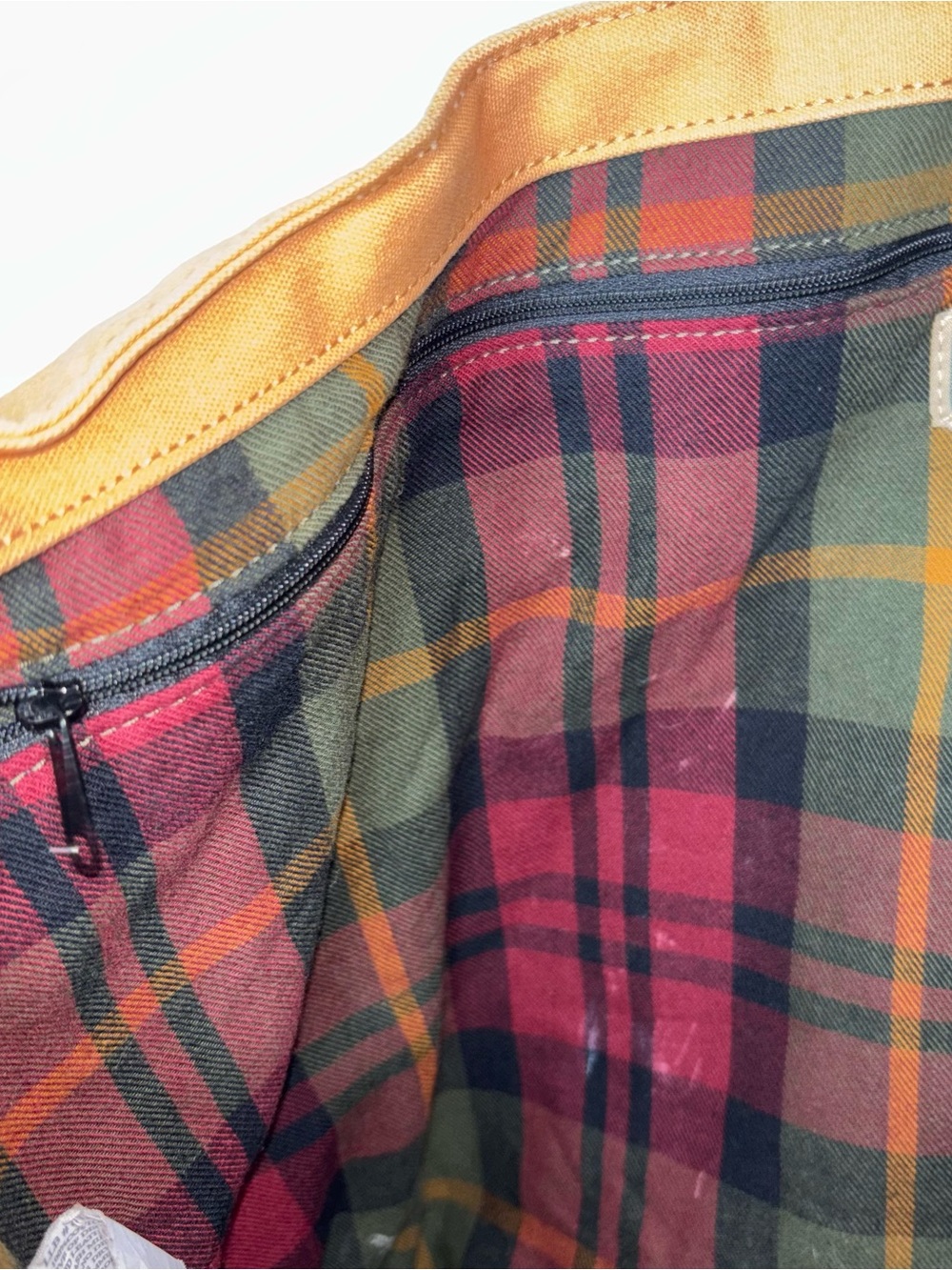 LL Bean Leather Handles Tote Bag Canvas Plaid Lined Brown Green Boat Vintage 90s - Picture 11 of 12